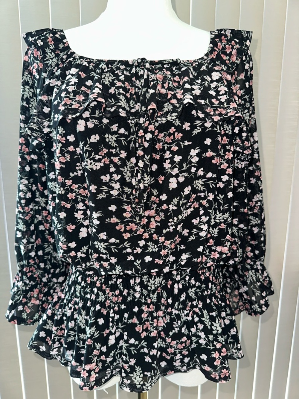 Black Floral Peplum Blouse with Pink Accents
